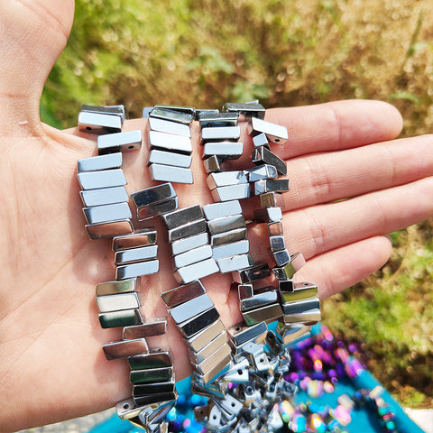 H001 Aura Hematite Beads Double Hole Quadrilateral For Jewelry DIY